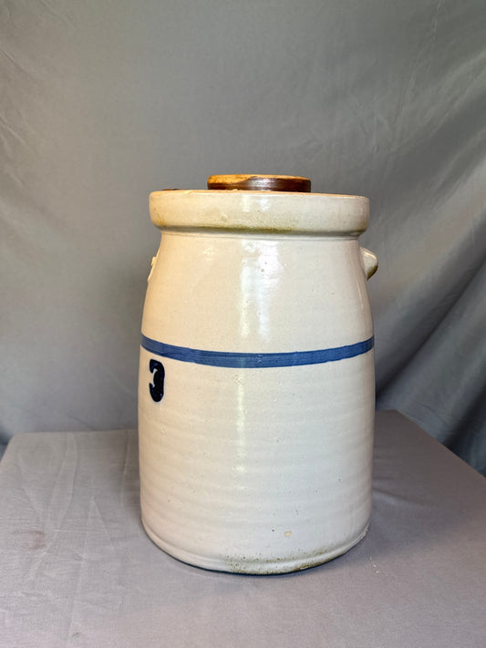 Antique 3 Gallon Stoneware Butter Churn Crock w/ Lid Cobalt Blue Band