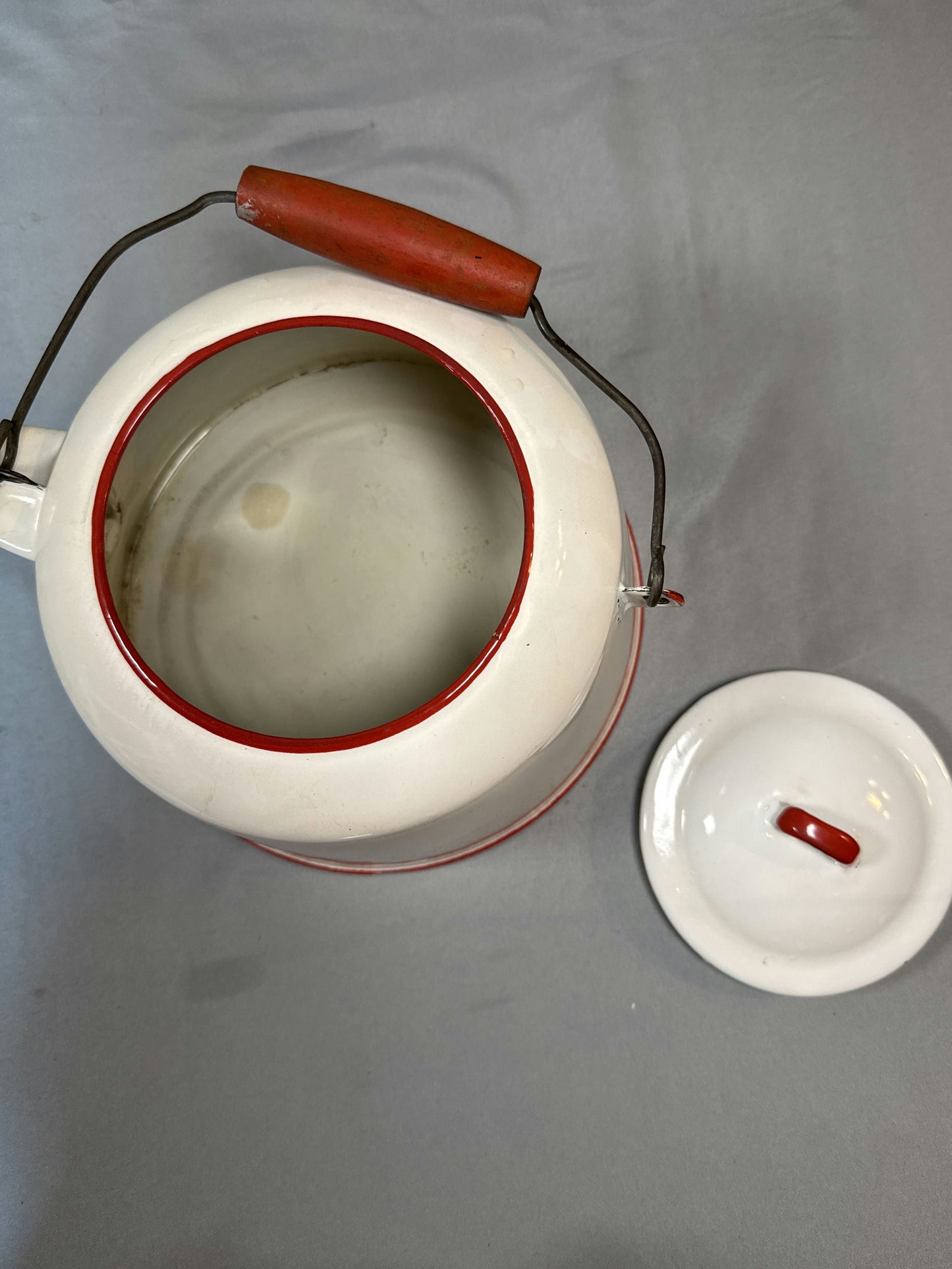 Vintage White Enamelware Coffee Pot with Red Trim & Wood Handle